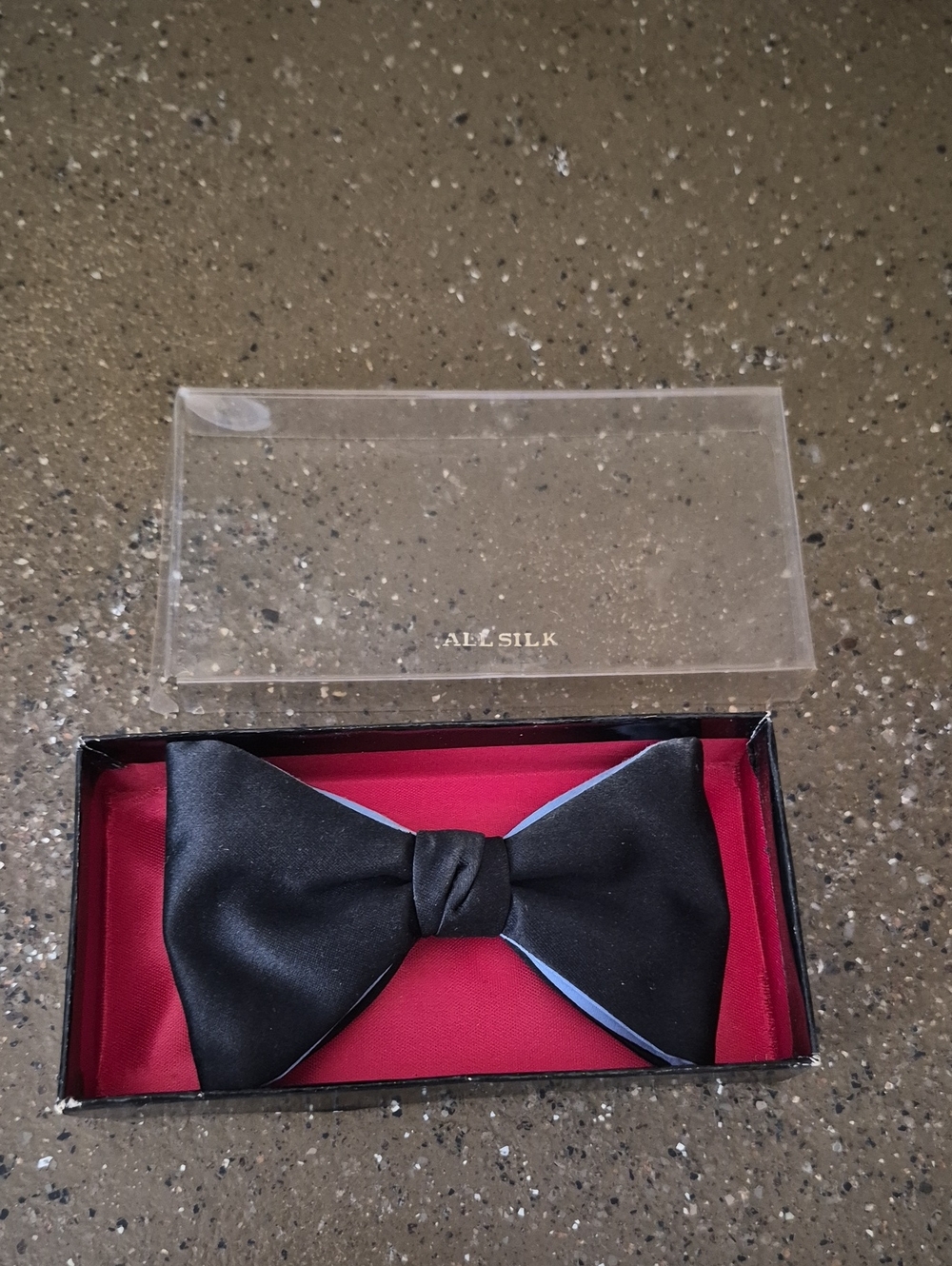 VintageAll Silk Black Satin Bow Tie with Blue Trim Clip On